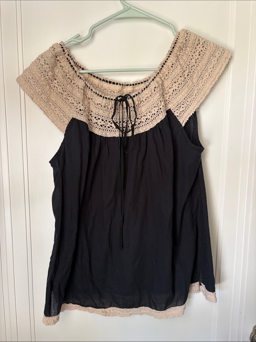 100% Cotton Lucky Brand Black Tank with Cream Crochet Yoke